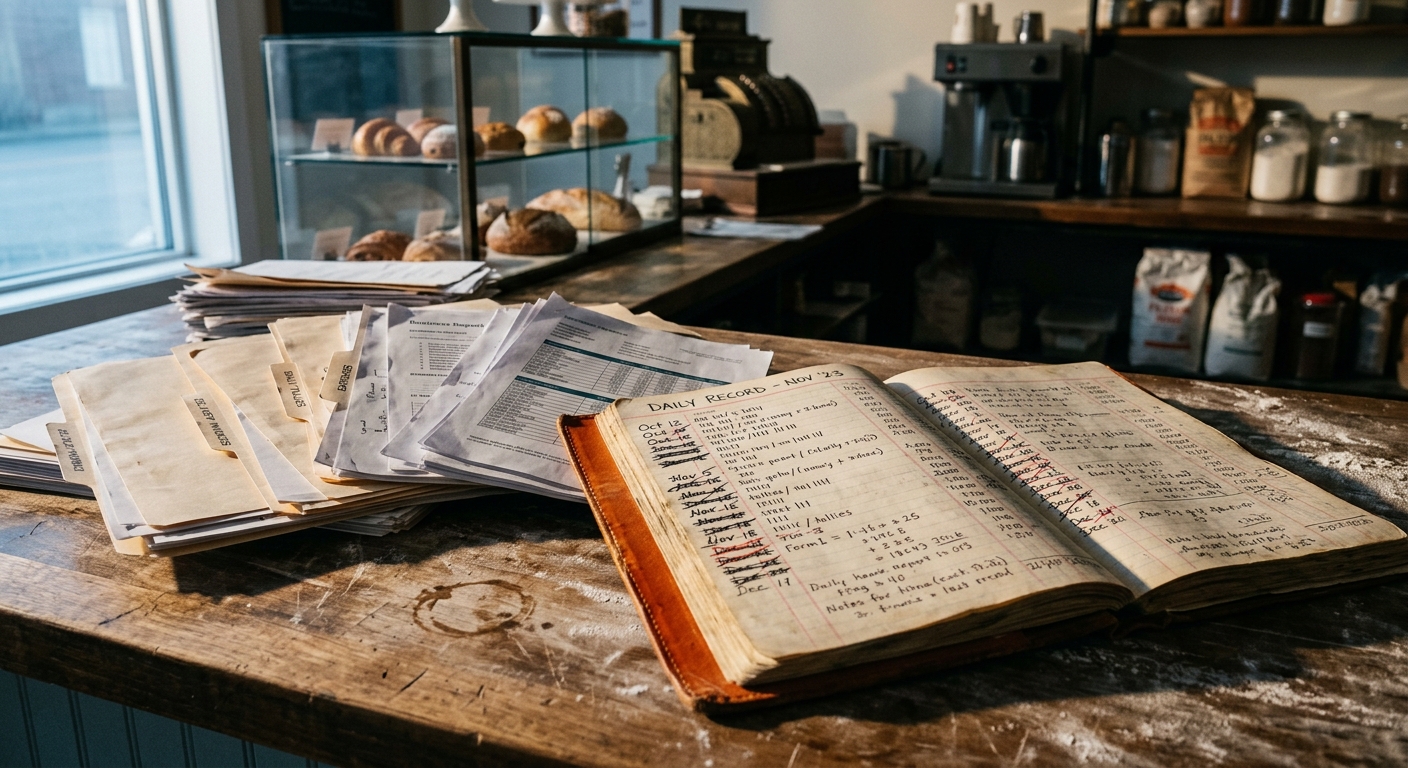 A stack of dusty strategy decks and printed reports sitting on a bakery counter next to a handwritten diary