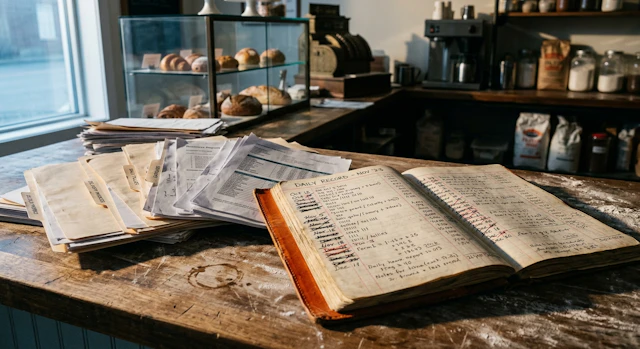 A stack of dusty strategy decks and printed reports sitting on a bakery counter next to a handwritten diary