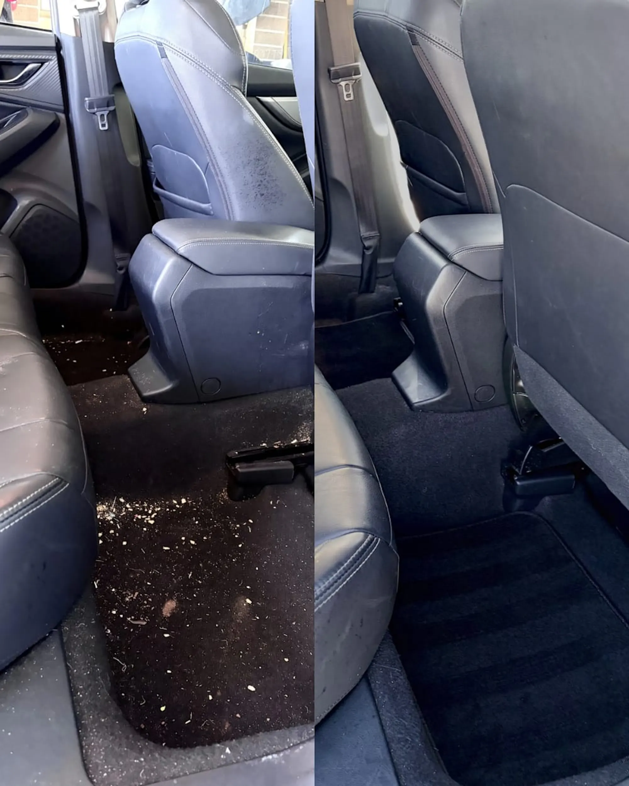 Muddy interior seats deep cleaned, before and after