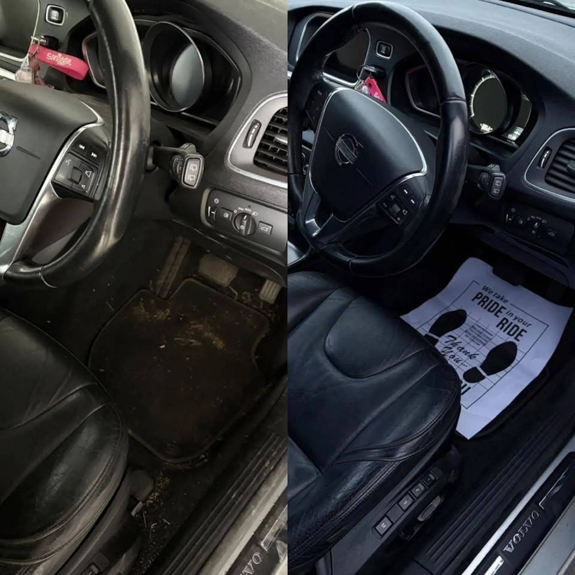 Front interior and dash detailed, before and after
